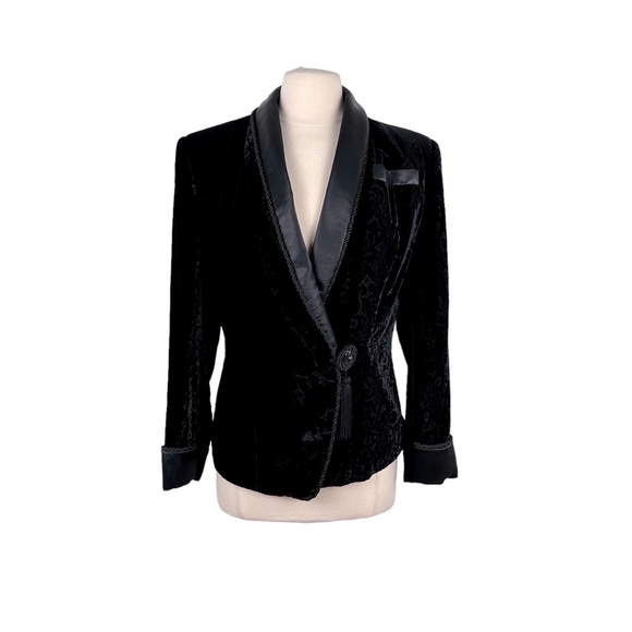 Vintage LW Wardy Black Velvet Brocade Smoking Jacket Sz S - Picture 1 of 12